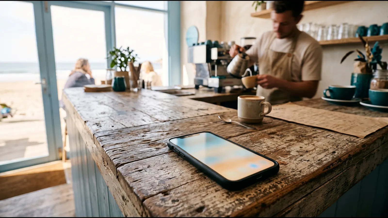 A phone on the counter of a small coastal coffee shop, with a barista working in the background
