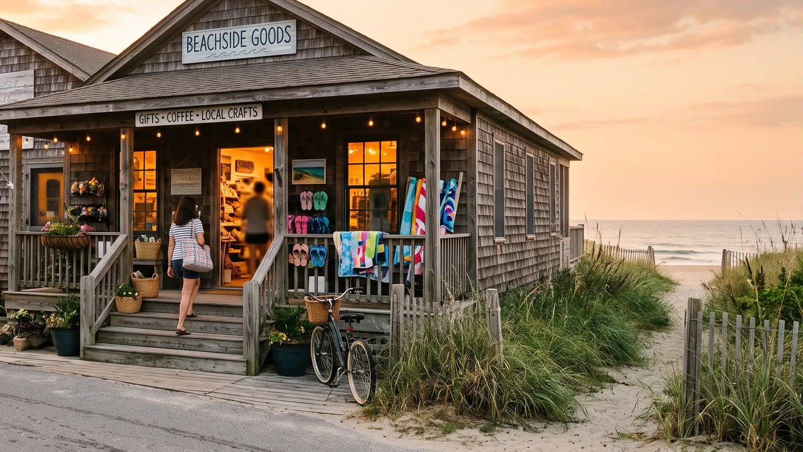 A customer walking up the porch steps of a shingled coastal shop at golden hour