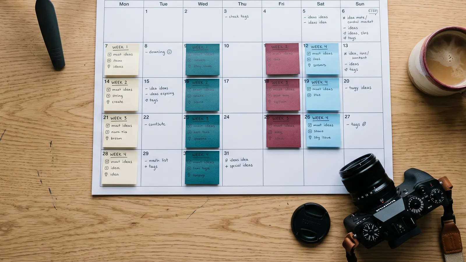 A content calendar covered in color-coded sticky notes on a desk, next to a phone on a tripod and a camera