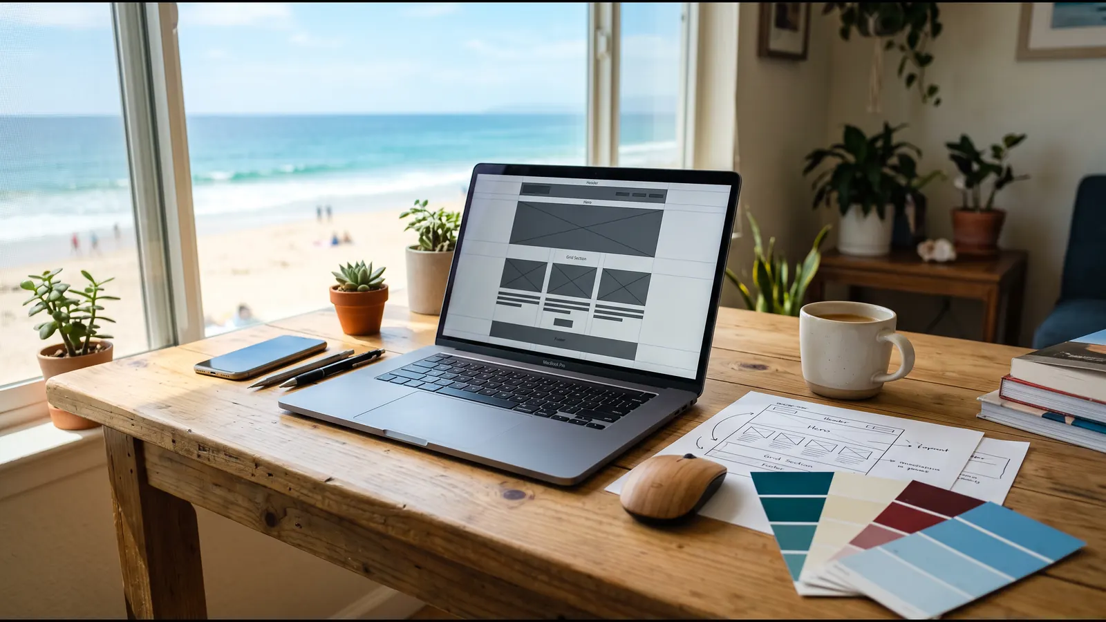 A designer's desk with a website wireframe on a laptop, paper layout sketches and color swatches